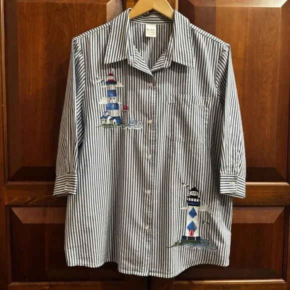Vintage Blair Women’s Blue Striped Lighthouse Nautical Coastal Beach Top Sz L - Picture 10 of 10